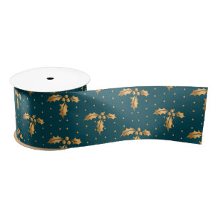 Ruban En Satin Gold et Turquoise Blue Christmas Holly