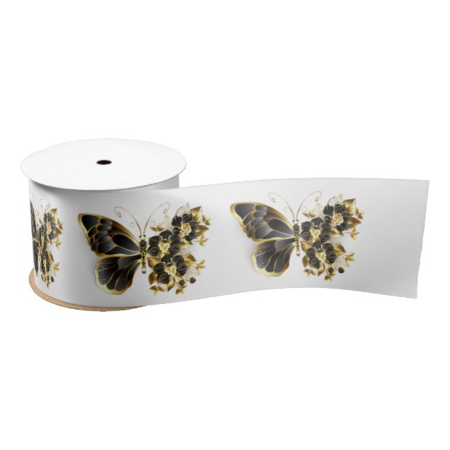 Ruban En Satin Gold flower Butterfly with Black Orchid (Bobine)
