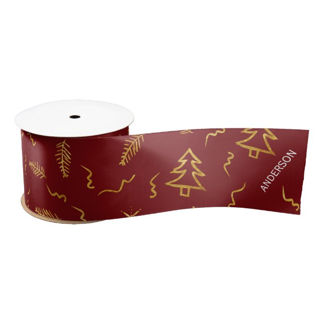 Ruban En Satin Gold Foil Noël Arbre Motif Red Holiday (Bobine)