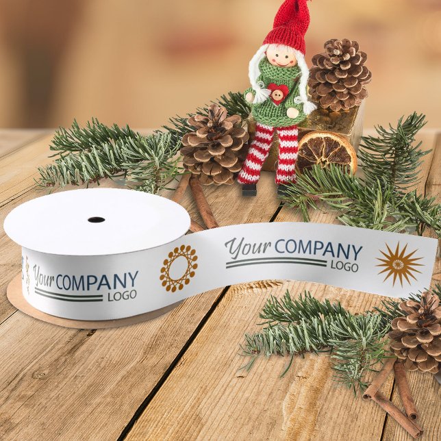Ruban En Satin Gold Holiday Snowflake Brandé Logo d'entreprise (white, gold, beige, terracotta christmas ribbon with business logo, promotional holiday gift ribbon)