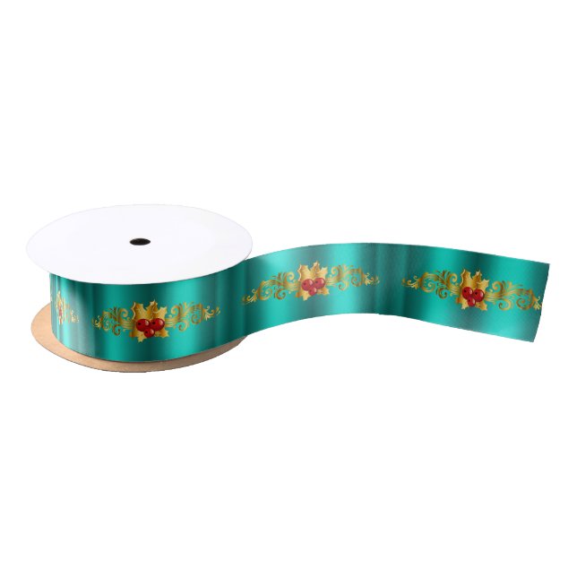 Ruban En Satin Golden Holly pour Noël Turquoise (Bobine)