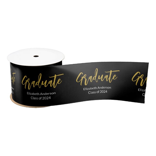 Ruban En Satin Graduate Black White Gold Grad Nom de classe de 20 (Bobine)