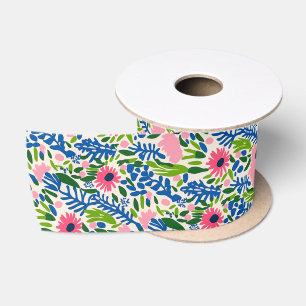 Ruban En Satin Gras Floral bleu rose vert Maximaliste Motif