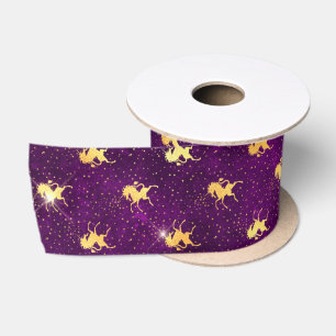 Ruban En Satin Grille de motif licorne dorée sur fond violet prof