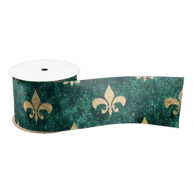 Ruban En Satin Grunge Green Velvet Fleur De Lis Mardi Gras (Bobine)