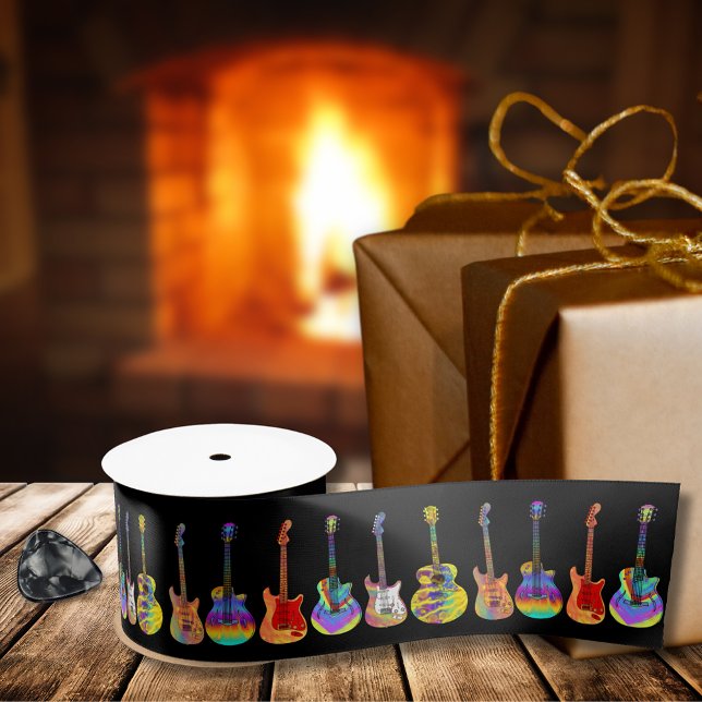 Ruban En Satin Guitares colorées en noir (Funky psychedelic guitars on black cool music themed wrapping ribbon for guitarist musicians )