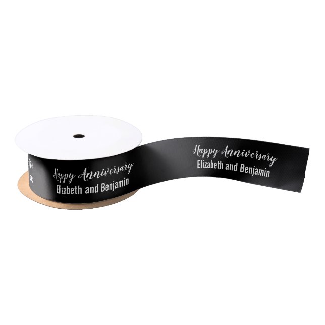 Ruban En Satin Happy Anniversary Couple's Names Black and White (Bobine)