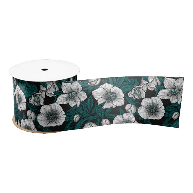 Ruban En Satin Hellebores blancs avec feuilles bleus (Bobine)