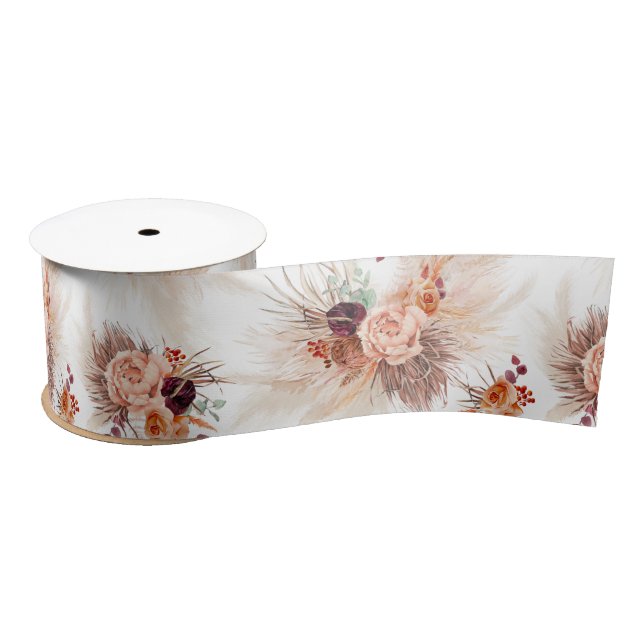 Ruban En Satin Herbe des Pampas et Fleurs en Terracotta (Bobine)