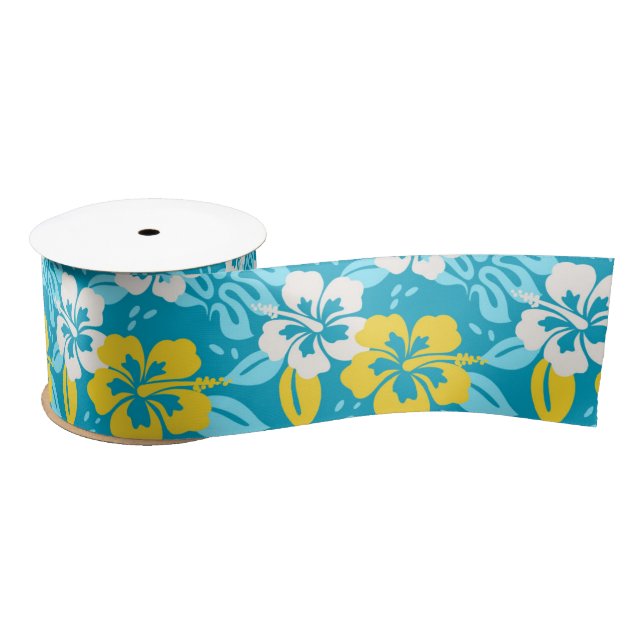 Ruban En Satin Hibiscus hawaïen bleu motif floral (Bobine)