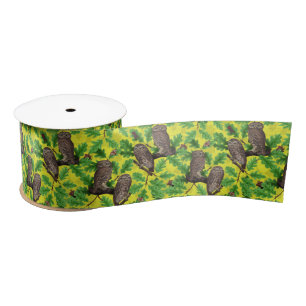Ruban En Satin Hiboux dans la forêt sur fond jaune citron