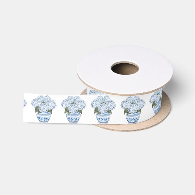 Ruban En Satin Hortensias bleus dans un pot de chinoiserie  (Bobine)