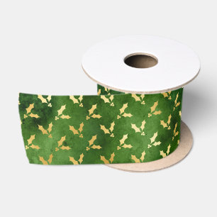 Ruban En Satin Houx de Noël doré sur fond vert