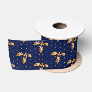 Ruban En Satin Houx de Noël en or et bleu marine