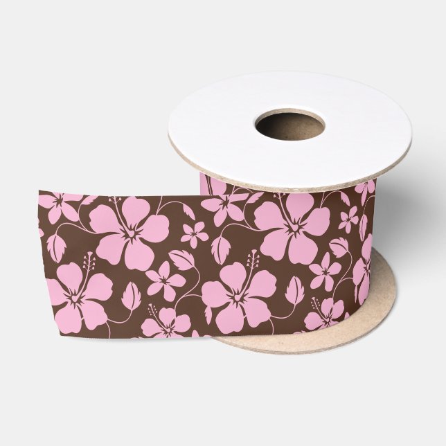 RUBAN EN SATIN HULA HAWAIENNE (HIBISCUS) BRUN CLAIR/ROSE (Bobine)