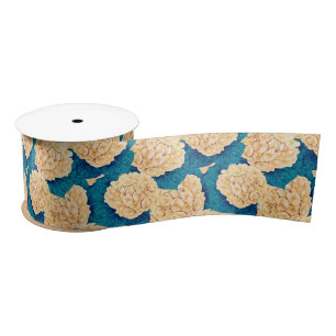 Ruban En Satin Hydrangea aquarelle motif, jaune et bleu