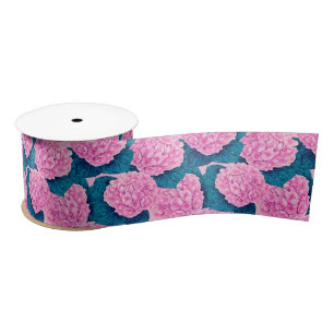 Ruban En Satin Hydrangea aquarelle motif, rose et bleu