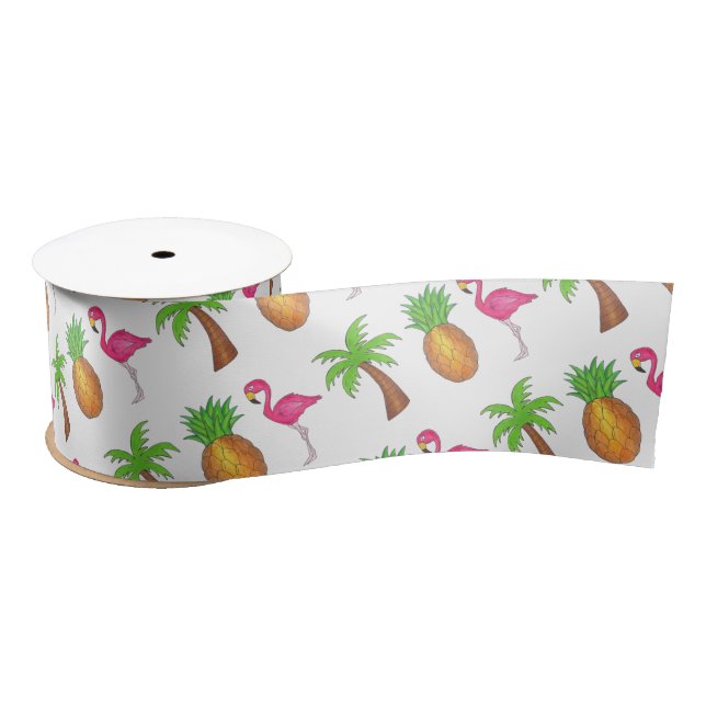 Ruban En Satin Ile tropicale Palm Tree Ananas Flamant rose rose (Bobine)
