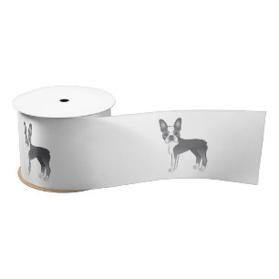 Ruban En Satin Illustration de chien Boston Terrier bleu et blanc