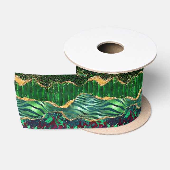 Ruban En Satin Impression d'animal de safari vert Agate (Bobine)