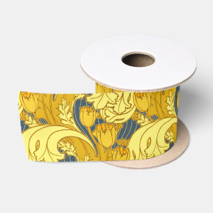 Ruban En Satin Impression de motif de tulipe : Art nouveau bleu j