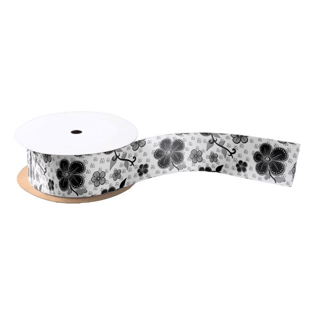 Ruban En Satin Impression florale noire et blanche (Bobine)