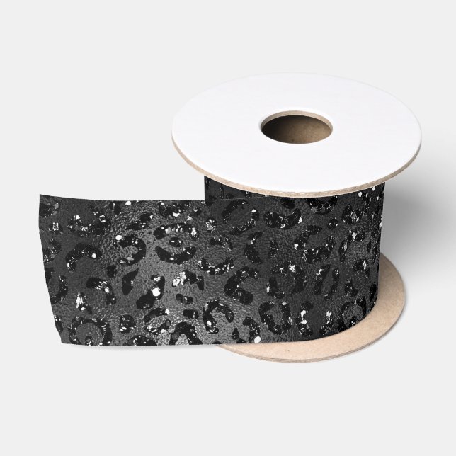 Ruban En Satin Impression léopard à paillettes fausses noires (Bobine)