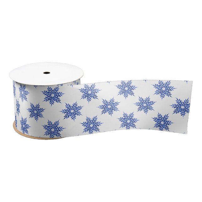 Ruban En Satin Indigo Blue Watercolor Snowflake Motif (Bobine)