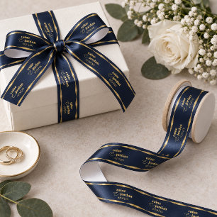 Ruban En Satin Initiales de mariage élégantes bleu marine or ID13