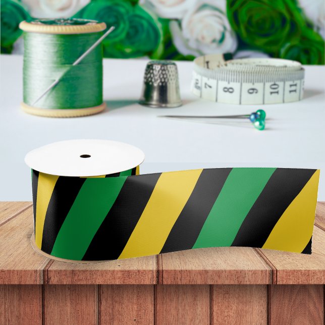 Ruban En Satin Jamaïque Couleurs Vert or Noir Diagonal Jamaïcain (gold black and green Jamaica color diagonal stripe ribbon)