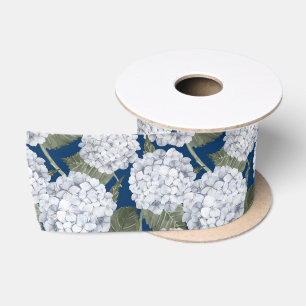 Ruban En Satin Jardin de Hortensias Bleus Floral sur Fond Bleu Ma