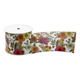 Ruban En Satin Jardin d'oiseaux et de fleurs 1