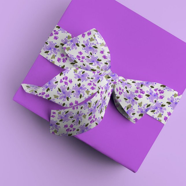 Ruban En Satin Jardin Floral d'aquarelle pourpre (Purple floral garden watercolor grosgrain or satin ribbon.)