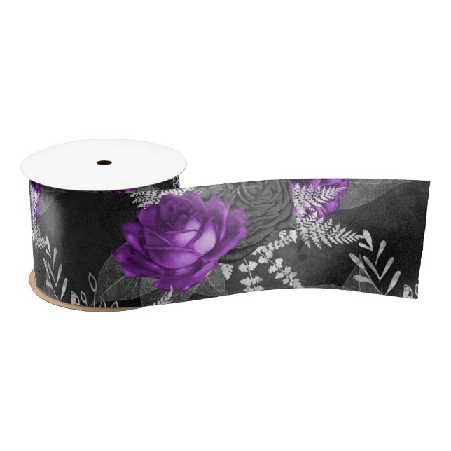 Ruban En Satin Jardin noir des Feuilles d'argent des Roses violet (Bobine)
