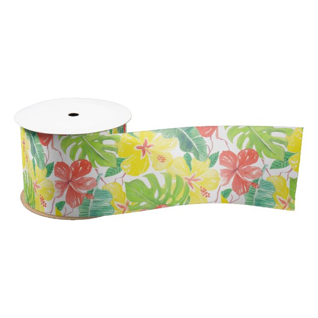 Ruban En Satin Jardin tropical, plumeria hibiscus et feuilles de  (Bobine)