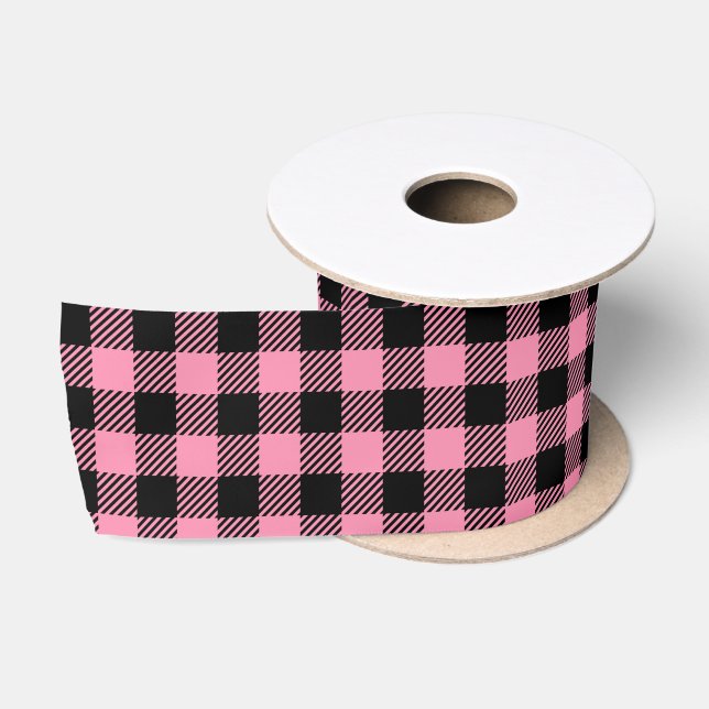Ruban En Satin Joli Buffle rose Et Noir Plaid (Bobine)