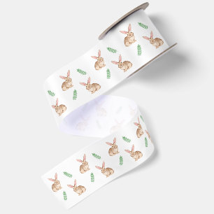 Ruban En Satin Joli lapin de Pâques aquarelle marron et verdure