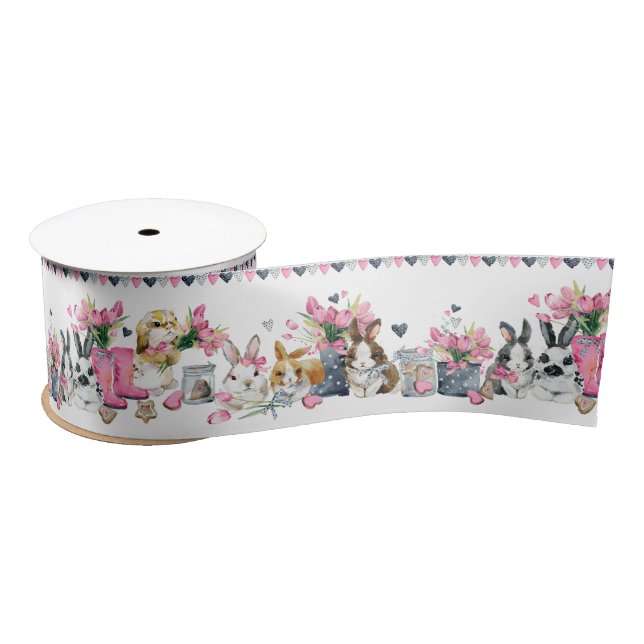 Ruban En Satin Joli lapin de Pâques et fleurs (Bobine)