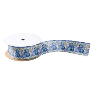 Ruban En Satin joli motif carrelé de coquillages bleus