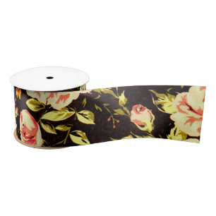 Ruban En Satin Joli motif floral rose rose rose, fleurs jaunes