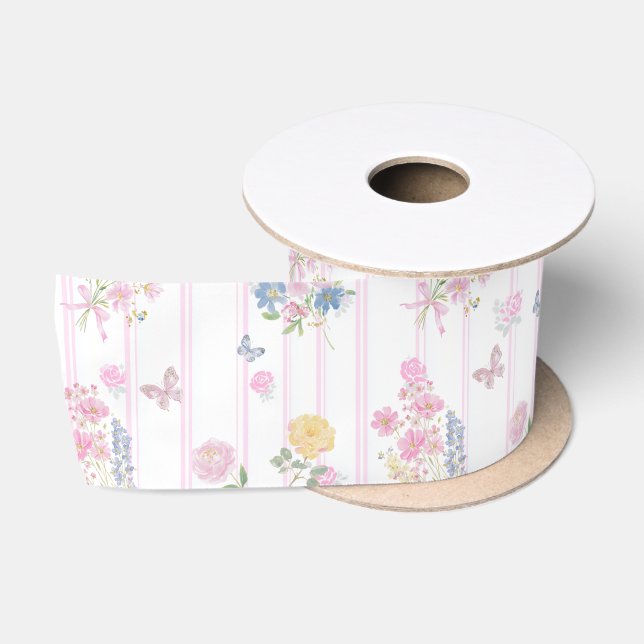 Ruban En Satin Joli Papillon Floral Rose Clair (Bobine)