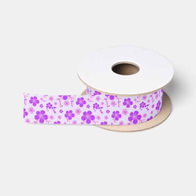 Ruban En Satin Jolie impression florale violet et rose sur Lavend (Bobine)