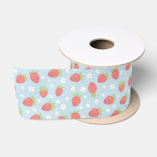 Ruban En Satin Jolies fraises & motif de fleur de fraisier bleu