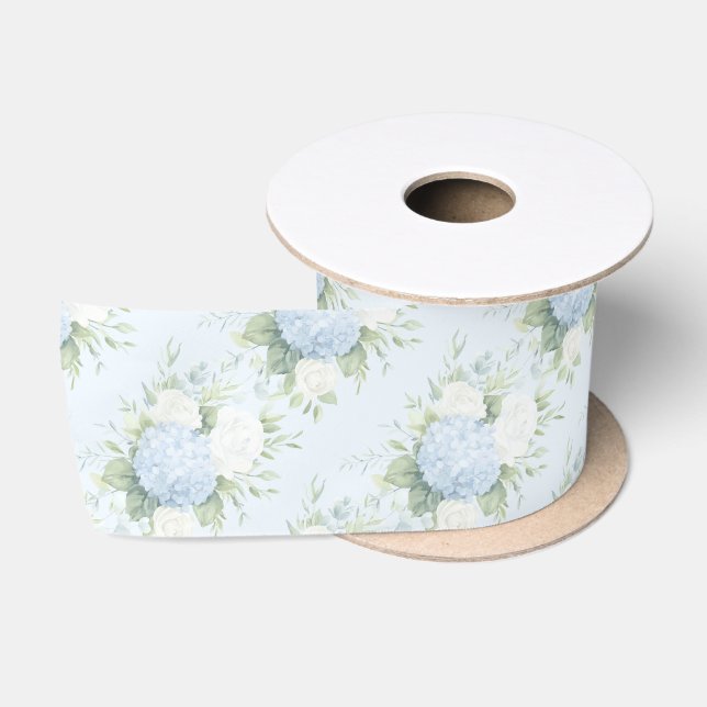 Ruban En Satin Jolies Roses Blanches Fleurs d'Hydrangea Bleu (Bobine)