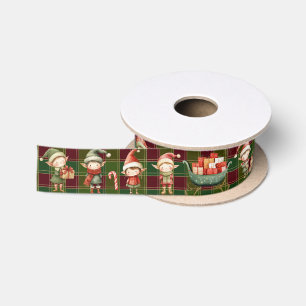 Ruban En Satin Jolis Elfes Occupés Noël Vert Rouge Tartan
