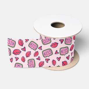 Ruban En Satin Jolis Lèvres Roses Bisous & Cœurs Motif Doodle