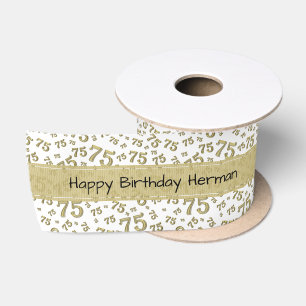 Ruban En Satin Joyeux Anniversaire 75 Motif Numérique Or/Blanc