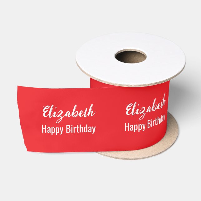 Ruban En Satin Joyeux Anniversaire blanc Nom de script rouge bril (Bobine)