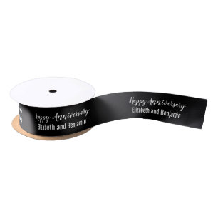 Ruban En Satin Joyeux Anniversaire Noms de Couple Noir et Blanc