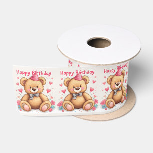 Ruban En Satin Joyeux Anniversaire Ourson Mignon avec des Cœurs R